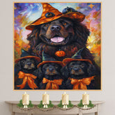 Newfoundland Dog Halloween Canvas Wall Art with Witch Hat and Pumpkins Rustic Fall Farmhouse Decor on Ready to Hang 1.5" Thick Canvas Wrap, Floating Framed Canvas, Flat Rolled Canvas